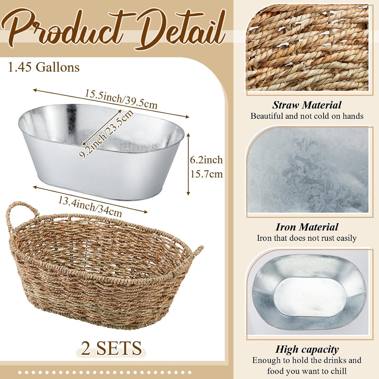 Domensi 2 Pcs Small 3 Gallons Ice Bucket with Wicker Outer Basket Handle Beverage Tub Grass Rope Woven Farmhouse Galvanized Bucket for Party Seaside Bar Buffet Wine Beer Bottle, 15.5 x 9.2 x 6.1 in