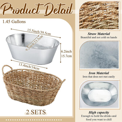 Domensi 2 Pcs Small 3 Gallons Ice Bucket with Wicker Outer Basket Handle Beverage Tub Grass Rope Woven Farmhouse Galvanized Bucket for Party Seaside Bar Buffet Wine Beer Bottle, 15.5 x 9.2 x 6.1 in