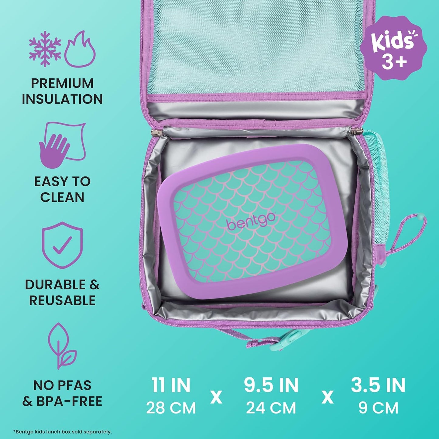 Bentgo Kids Lunch Bag - Durable, Double-Insulated Lunch Bag for Kids 3+; Holds Lunch Box, Water Bottle, & Snacks; Easy-Clean Water-Resistant Fabric & Multiple Zippered Pockets (Mermaid)