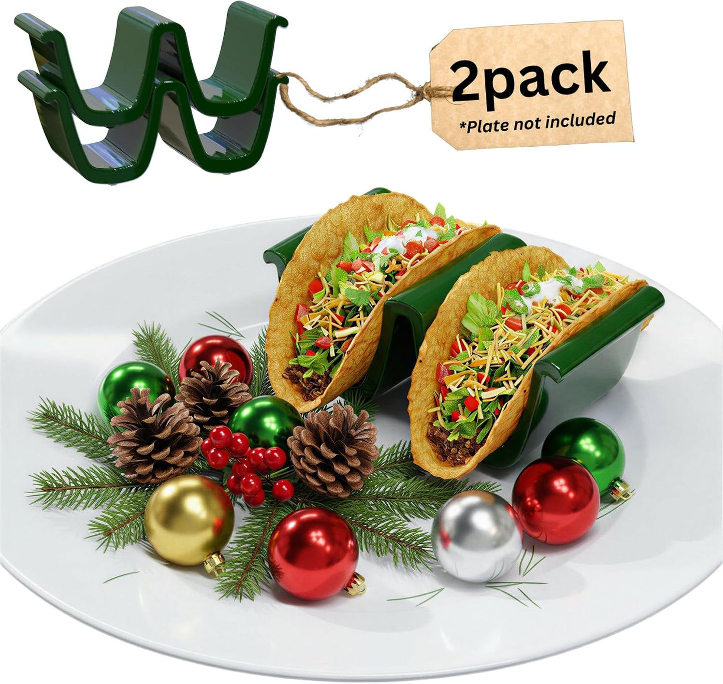 HolaTasty Taco Shell Holder Ceramic, Taco Gifts for Thanksgiving Christmas - Taco Holders Set of 2, Dual Taco Stand for Plates - Hold Street/Hard Shells, Mini Taco Night Accessories for Taco Lovers