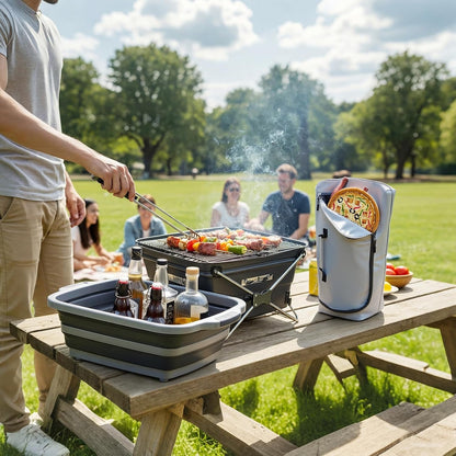 Funnymoom 2pcs Barbecue Prep Set Include Collapsible BBQ Prep Tub with Lid and Cutting Board(4.22 Gal/16l) BBQ Blanket for Resting Meat(21inch) Smoker Blanket Insulated(Black,Classic Style)