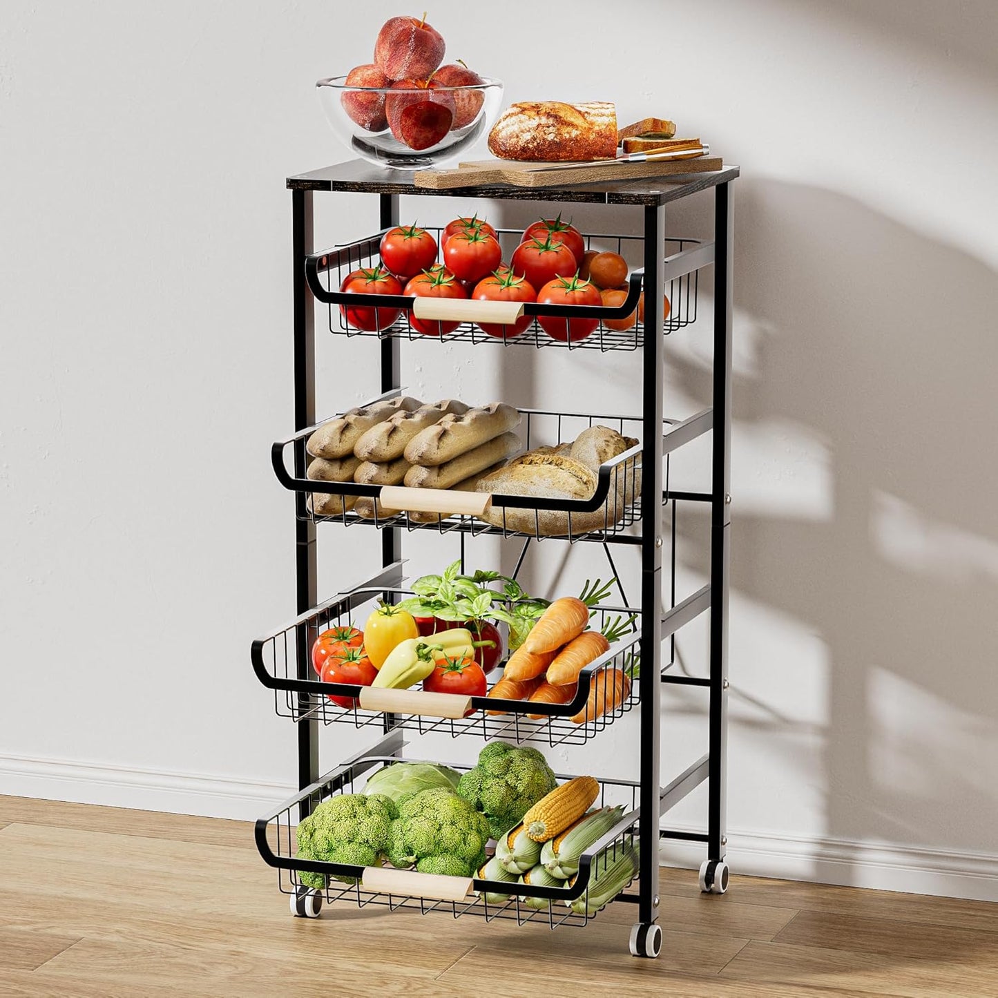 JAQ Slide Out Fruit Vegetable Basket for Kitchen, 4-Tier Rolling Storage Cart with Wooden Handle & Top, Metal Wire Produce Rack for Pantry Organization, Onion Potato Storage Bins for Small Space,White