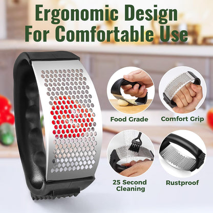 Pomyter Garlic Press Rocker, Stainless Steel Garlic Mincer and Garlic Crusher, Easy-Squeeze Garlic Tool with Peeler and Cleaning Brush for Smashing Garlic