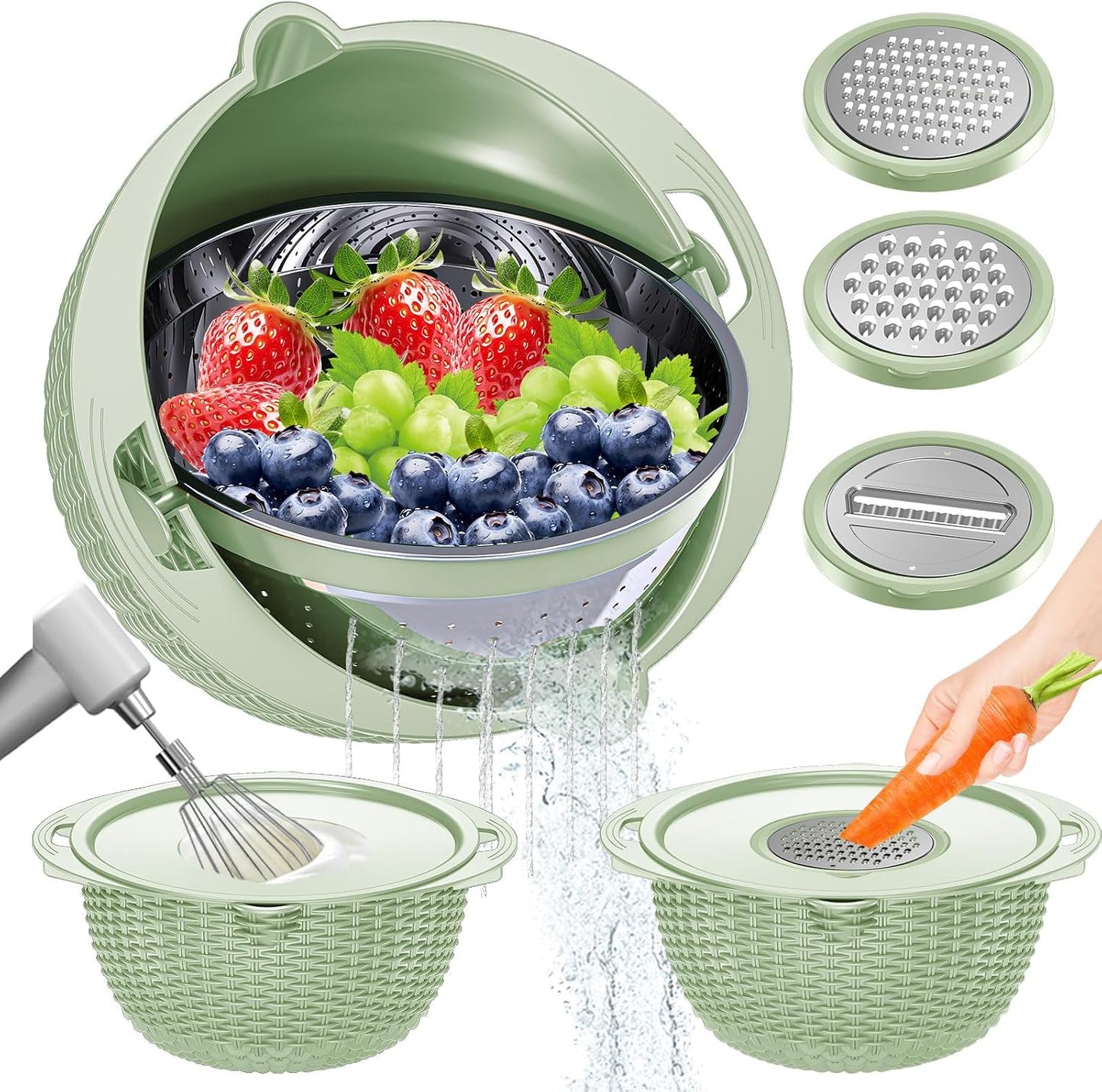 4-in-1 Colander with Bowl Set — Patented 360° Rotatable Strainer Bowl with 3 Graters, Snap-On Lid & Non-Slip Base, Funny Kitchen Present for Women, Aesthetic Pasta Fruit Vegetable Strainer (Beige)