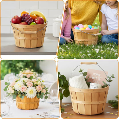COMNICO 2 Pack Round Wooden Baskets, Handwoven Empty Wood Fruit Buckets with Metal Handle Natural Color Easter Basket for Garden Home Party Market Supplies