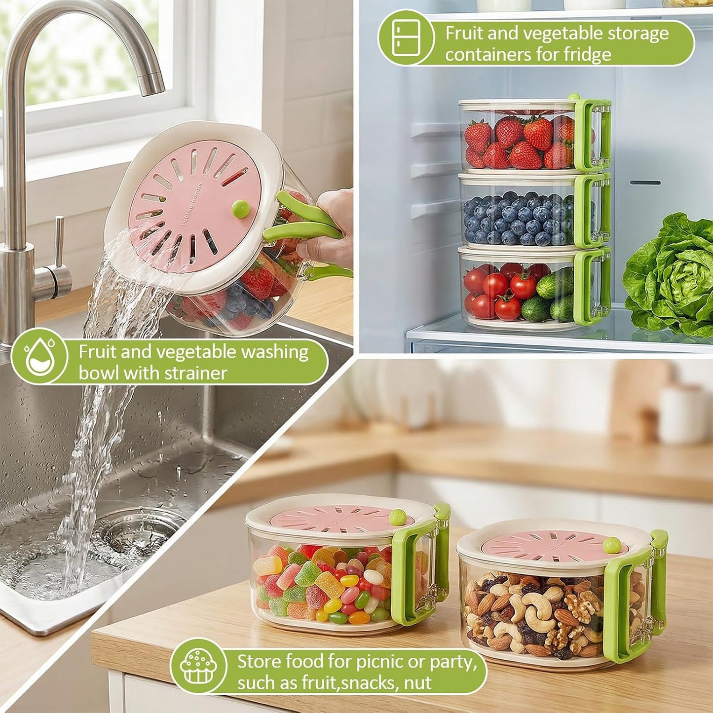 Fruit Vegetable Washing Bowl with Strainer - Multifunctional Berry Container, Produce Washer & Draining Colander Basket with Lid for Fridge Storage (Pink)