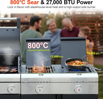 Brand-Man Outdoor Kitchen Island – 5-Burner Gas Grill & Griddle Combo with 800°C Infrared Sear Zone, Dual-Zone Cooktop, Sink & Storage, 995 sq.in Cooking Area, 67,000 BTU Stainless Steel BBQ Station