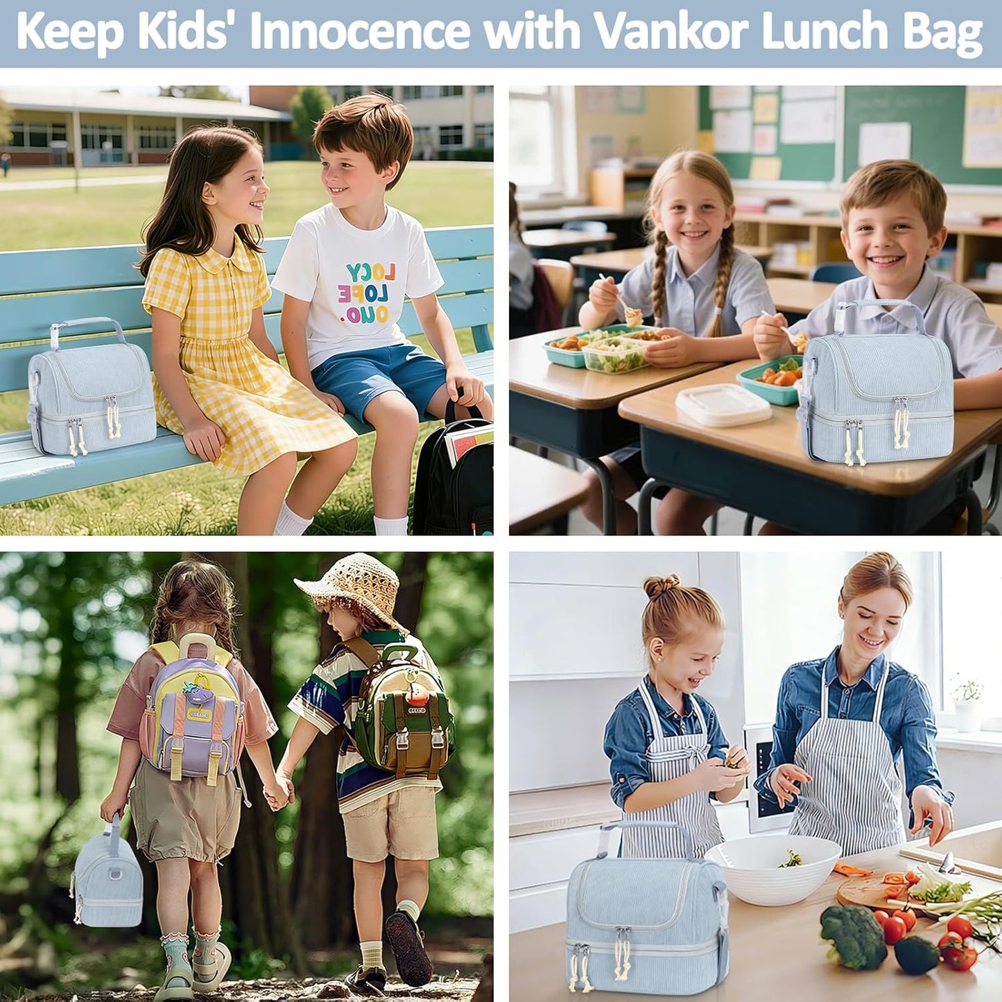 Vankor Corduroy Lunch Box Kids Insulated Lunch Bag Double Decker, Cute Leak-Proof Lunch Box for Boys Girls, Portable Cooler Lunch Bag Thermal Lunch Tote for School Picnic Travel, Light Blue