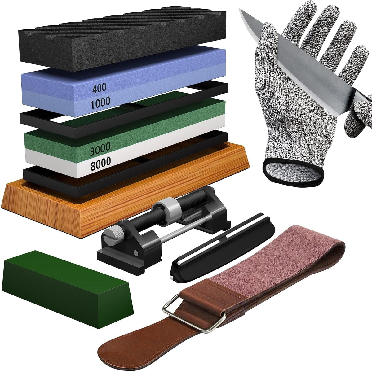 Whetstone Knife Sharpening Stone Set, Double-Sided Grit 400/1000 3000/8000