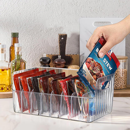BSTKEY Seasoning Packet Organizer, Food Storage Organizer with Divided 8 Removable Compartments, Plastic Storage Caddy for Kitchen Pantry Cabinet, Kitchen Organization Bin for Snacks Spice Packets