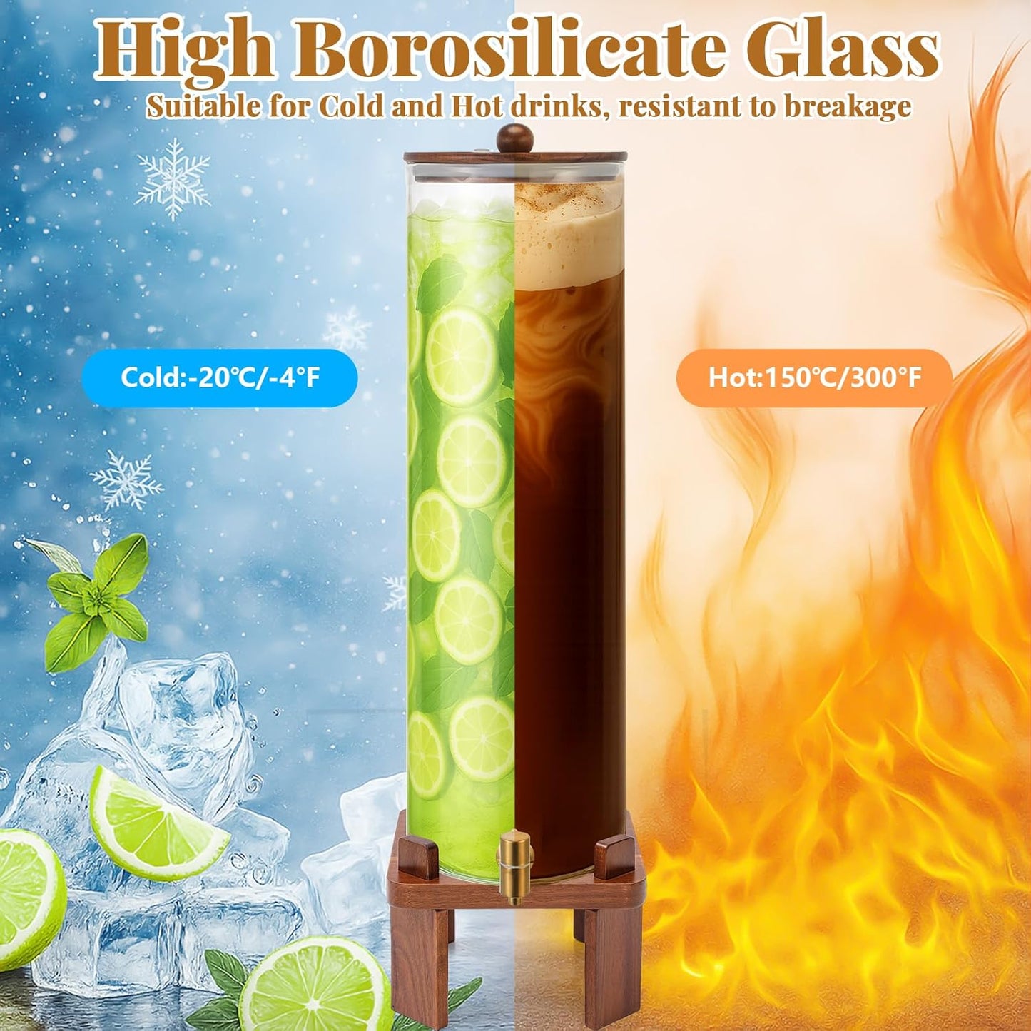 FillTouch 2 Pack 5 Gallon Glass Drink Dispenser with Acacia Wood Stand and Lid, Large Glass Beverage Dispenser with Spigot Perfect for Juice, Tea, Sangria, Lemonade, Weddings, Party, Outdoor Events