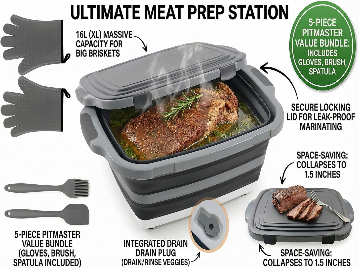 Collapsible BBQ Prep Tub with Lid & Cutting Board 16L - XL Meat Marinating Basin & Grill Carry System - 5pc Set with Heat Resistant Gloves, Basting Brush & Spatula (Black, Large, 16L)