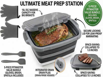 Collapsible BBQ Prep Tub with Lid & Cutting Board 16L - XL Meat Marinating Basin & Grill Carry System - 5pc Set with Heat Resistant Gloves, Basting Brush & Spatula (Black, Large, 16L)