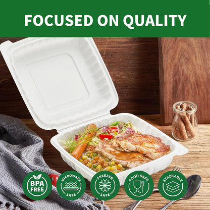 Clamshell Take Out Food Containers, 50 Pack 9x9 Inch Hinged To Go Food Containers with Lids, Disposable Plastic Meal Prep Lunch Boxes for Snacks Salad Sandwiches, Microwave & Freezer Safe