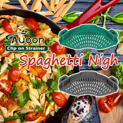 AUOON Clip On Strainer Silicone for All Pots and Pans, Pasta Strainer Clip on Food Strainer for Meat Vegetables Fruit Silicone Kitchen Colander