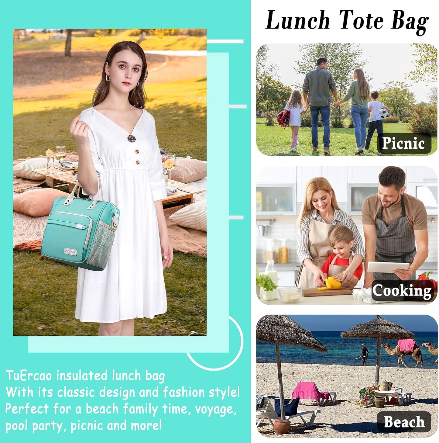 TuErCao Small Lunch Bag Lightweight Insulated Lunch Box for Women Work Portable Soft Cooler for Picnic Travel Road Trips, Loncheras para Mujer, Black