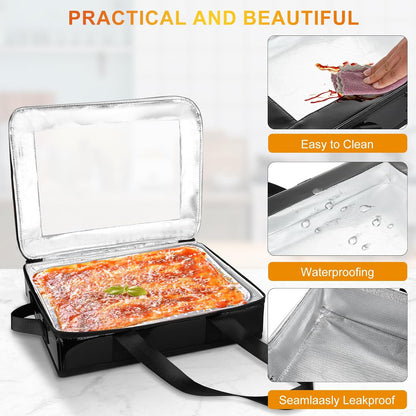 2 Pack Foil Pan Carrier with Clear Lid, PU Leather Aluminum Pan Holders with Long Handle,Serving Tray for Food,Insulated Casserole Carrier for Travel,Picnic,Parties,Fits 9"x13" Baking Dish (2, Black)