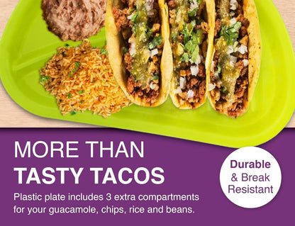 Arrow Home Products Fiesta Taco Plate, 12 Pack - Each Plate Includes 3 Taco Holders Plus 2 Compartments - BPA Free Plastic, Made in the USA, Dishwasher Safe - Assorted Colors