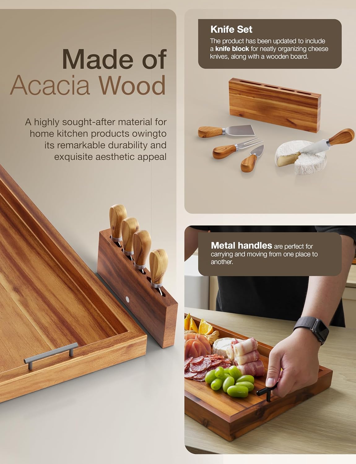 TIDITA Acacia Large Charcuterie Boards for Party with Cheese Knife Set of 4 – Acacia Wood Serving Tray with Handles, Long Charcuterie Board, Wooden Cheese Board (Walnut Color, 30 Inch)