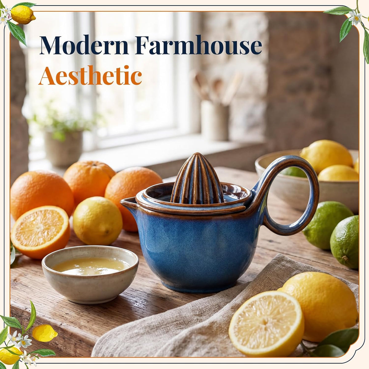 Sawysine Ceramic Lemon Squeezer Manual Citrus Juicer with Strainer Hand Press Lime Orange Reamer with 8.45 oz Cup Strainer Lid Spout Handle for Citrus Fruits Home Kitchen Bar(Classic,Dark Blue)