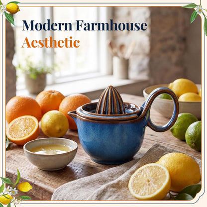 Sawysine Ceramic Lemon Squeezer Manual Citrus Juicer with Strainer Hand Press Lime Orange Reamer with 8.45 oz Cup Strainer Lid Spout Handle for Citrus Fruits Home Kitchen Bar(Classic,Dark Blue)