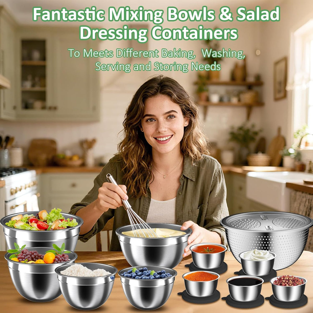 Mixing Bowls with Lids Set, 16PCS Stainless Steel Mixing Bowls,Nesting Storage Bowls for Kitchen with Mixing Bowls Set, Colander, Strainer & Grater , Metal Salad Bowl for Kitchen Gadgets , Cream