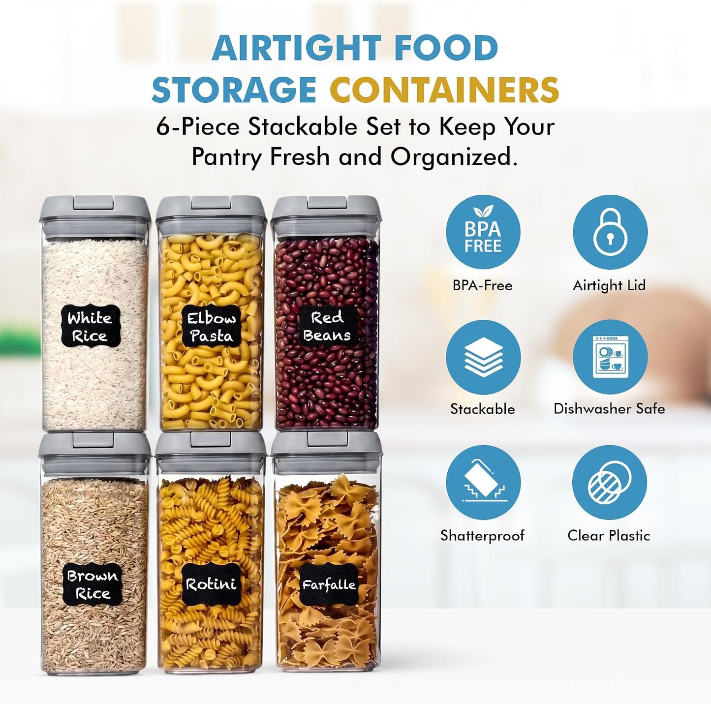 Shazo Airtight Food Storage Containers with Lids - 6 PC BPA Free Clear Plastic Cereal Containers with Easy Lock Lids for Kitchen and Pantry Organization for Snacks and Pasta - 1.2L