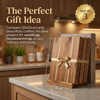 3-Piece Book-Shaped Cutting Board Set - Food Safe, Non-Slip Chopping Boards for Kitchen Organization and Stylish Serving,Acacia Wood