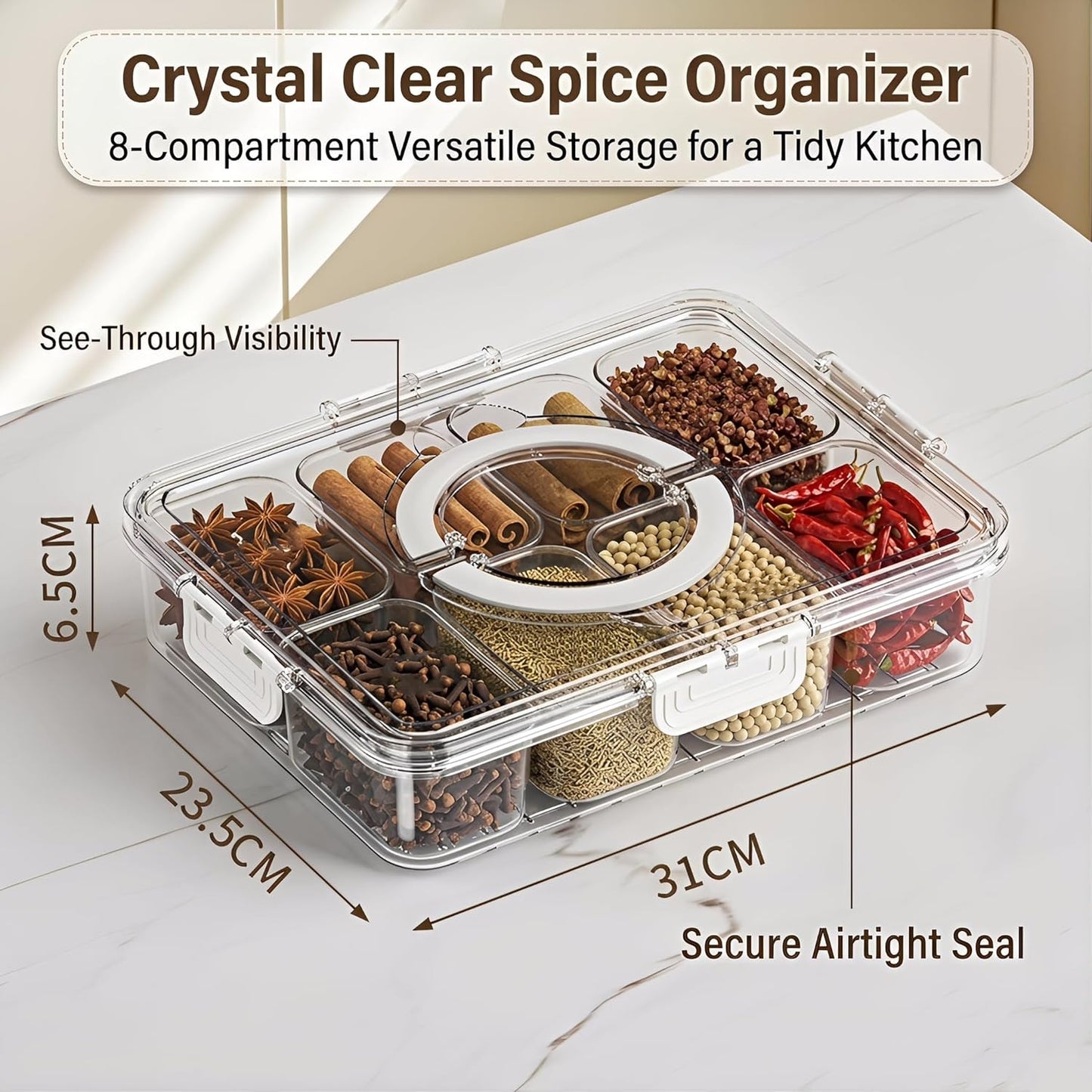 8 Compartments Divided Snackle Box Container with Lid & Handle,Portable Clear Serving Tray Platter for Fruit,Candy,Veggies,Snacks for Picnic,Travel,Beach,Entertaining