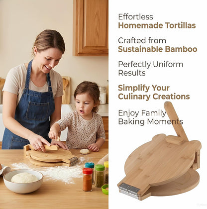 Bamboo Tortilla Press 10 inch - Mexican Tortilla Maker with 100 Parchment Papers | Homemade Flour & Corn Tortillas, Tortillera, Pataconera, Dough Press for Easy Cooking