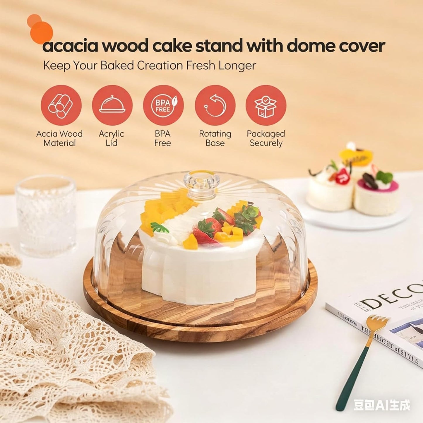 cutesun Cake Stand with Lid, 10.8'' Shatterproof Acrylic Dome (Not Glass), 11.8'' Rotating Acacia Wood Cake Display Stand for Wedding Birthday Party Dessert