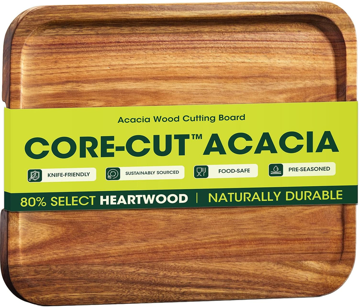 Starkbear Acacia Wood Cutting Board Set of 3 with Stand, Core-Cut Non Slip Wooden Chopping Block, Sloped Juice Groove Reversible Charcuterie Serving Tray for Modern Kitchen Gift