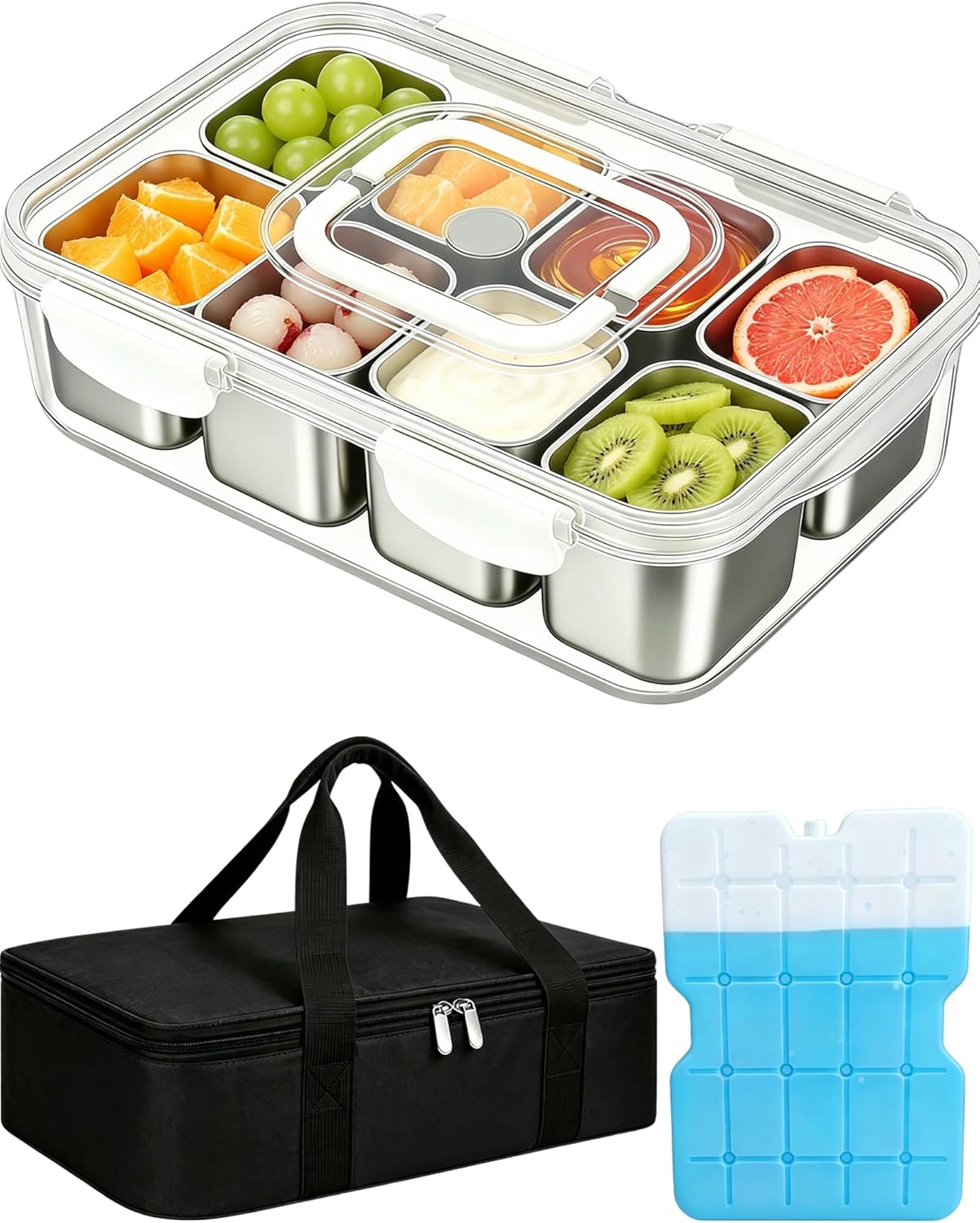 Snackle Box Container, Stainless Steel Divided Serving Tray with Lid and Handle, Large Snack Tray for Fruit Veggie Candy, 8-Compartment Snack Platter for Travel Party Beach Picnic