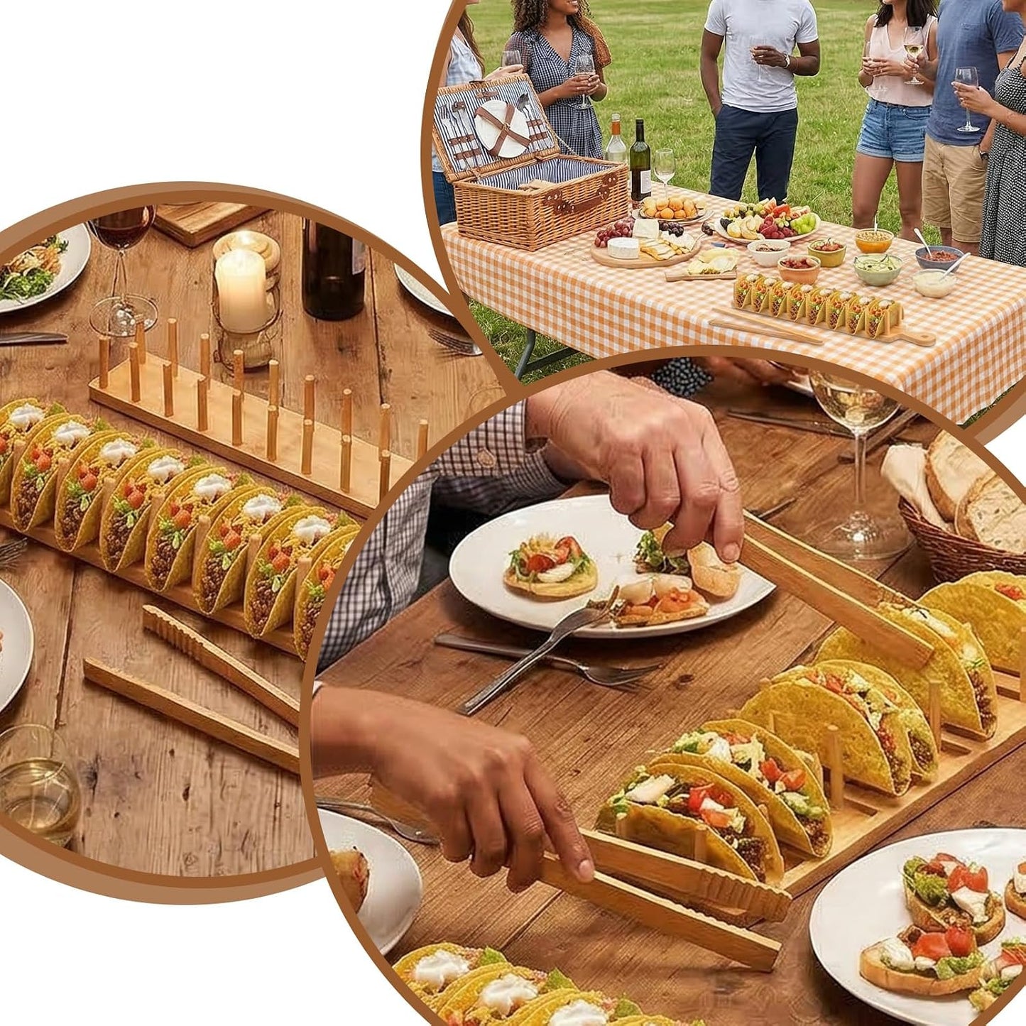 2-Pack Bamboo Taco Holder with Tongs, Each Holds 8 Tacos, Wooden Tacos Rack Tray Stand for Hard or Soft Shells, Burritos, Tortillas, for Taco Night, Party, Kitchen Accessories, Housewarming Gift