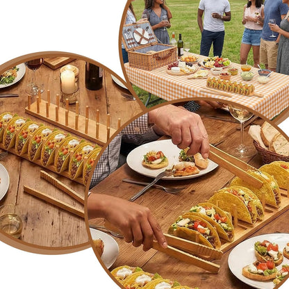 2-Pack Bamboo Taco Holder with Tongs, Each Holds 8 Tacos, Wooden Tacos Rack Tray Stand for Hard or Soft Shells, Burritos, Tortillas, for Taco Night, Party, Kitchen Accessories, Housewarming Gift