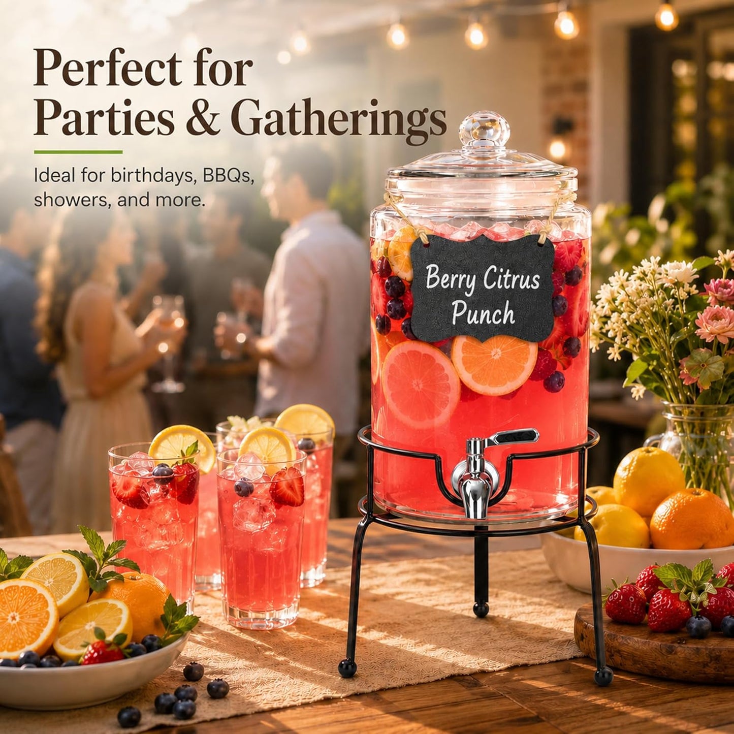 1 Gallon Beverage Dispenser 1 Pack, Stainless Steel Spigot Drink Dispenser for Parties with Stand, Clear Glass Drink Container Easy to Refill and Clean