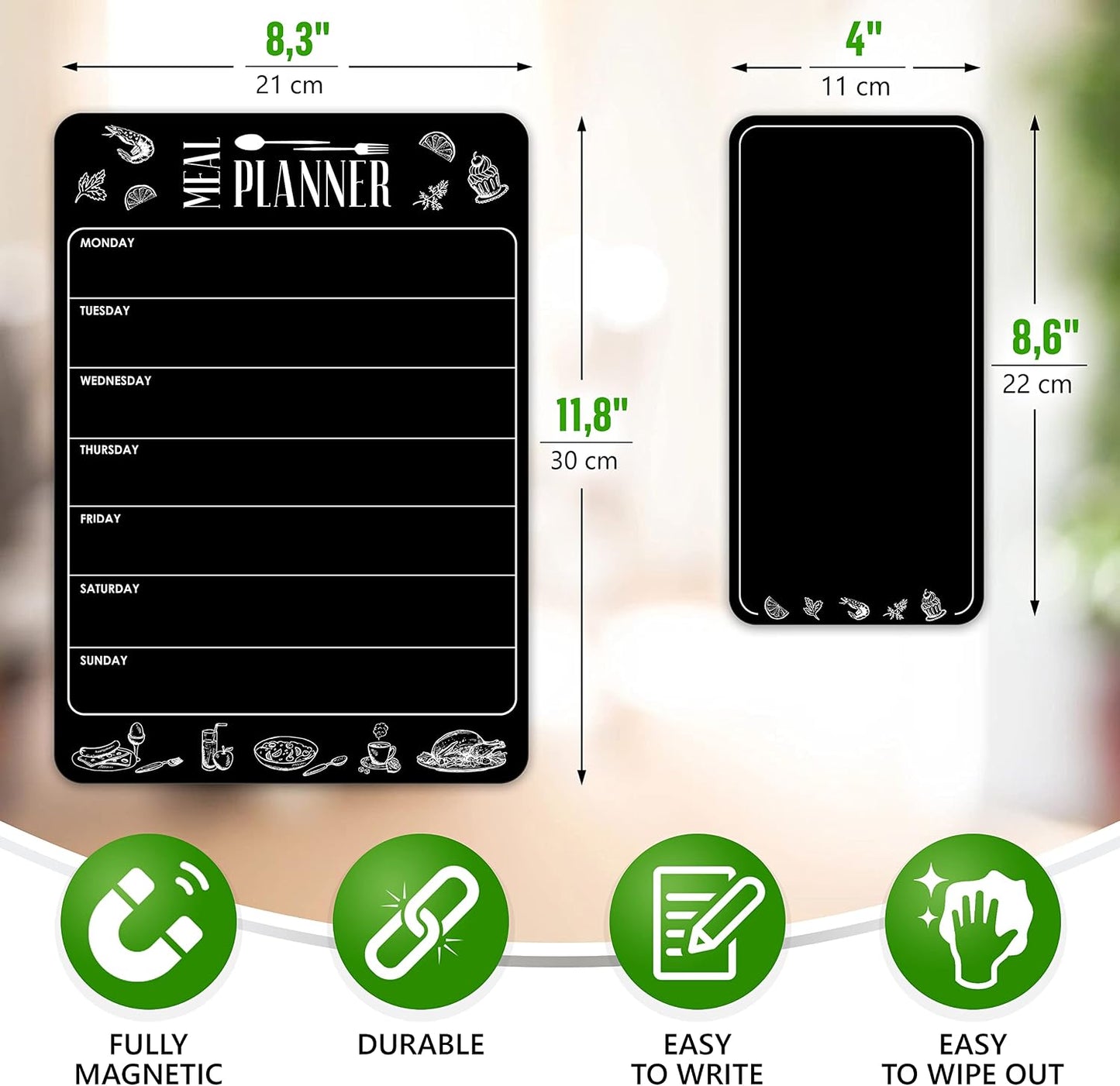 Magnetic Weekly Meal Planner & Grocery List Set - Black Dry Erase Board for Fridge - A4 Menu Calendar & 4.5x8.5 Shopping Pad - Refrigerator Chalkboard Sheet for Kitchen Organization