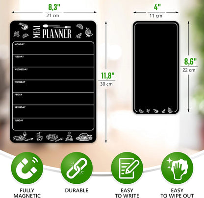 Magnetic Weekly Meal Planner & Grocery List Set - Black Dry Erase Board for Fridge - A4 Menu Calendar & 4.5x8.5 Shopping Pad - Refrigerator Chalkboard Sheet for Kitchen Organization