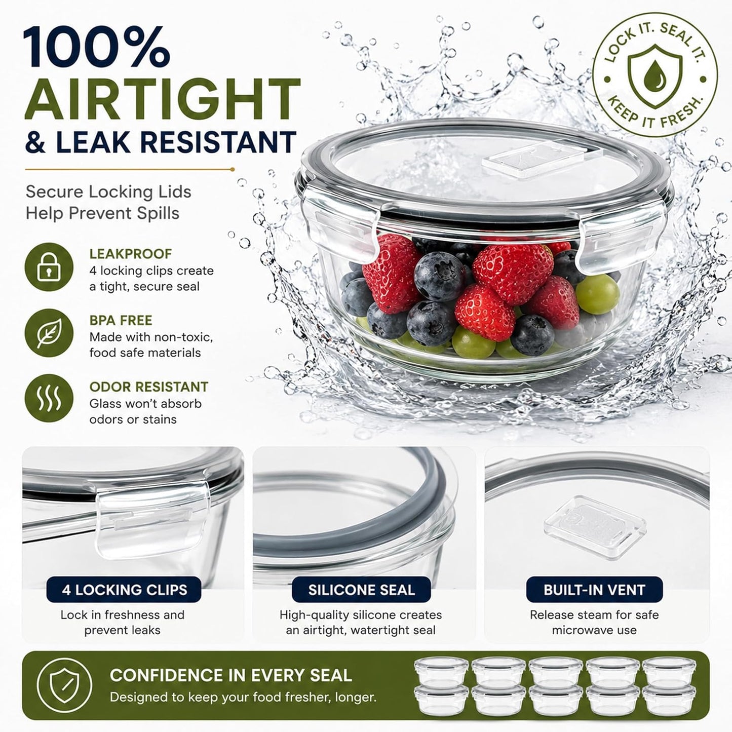 Sorbus 16pc Glass Meal Prep Containers Set – 8 Round 32oz Containers with Airtight Lids – Freezer, Dishwasher, Oven Safe – Reusable Food Storage Bowls, 4 Cup Capacity for Meal Prep and Storage Grey