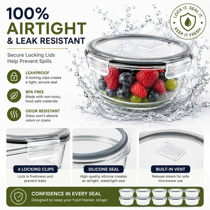 Sorbus Glass Meal Prep Containers Set – 8 Round 32oz Containers with Airtight Lids – Freezer, Dishwasher, Oven Safe – Reusable Food Storage Bowls