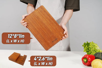 Solid Teak Wood Cutting Board Set One Piece Non Glued Large Thick Crack Resistant Wooden Chopping Board with DeepJuice Grooves Built in Handles for Kitchen Meat Bread 15x10.2IN &11.8 * 7.9IN