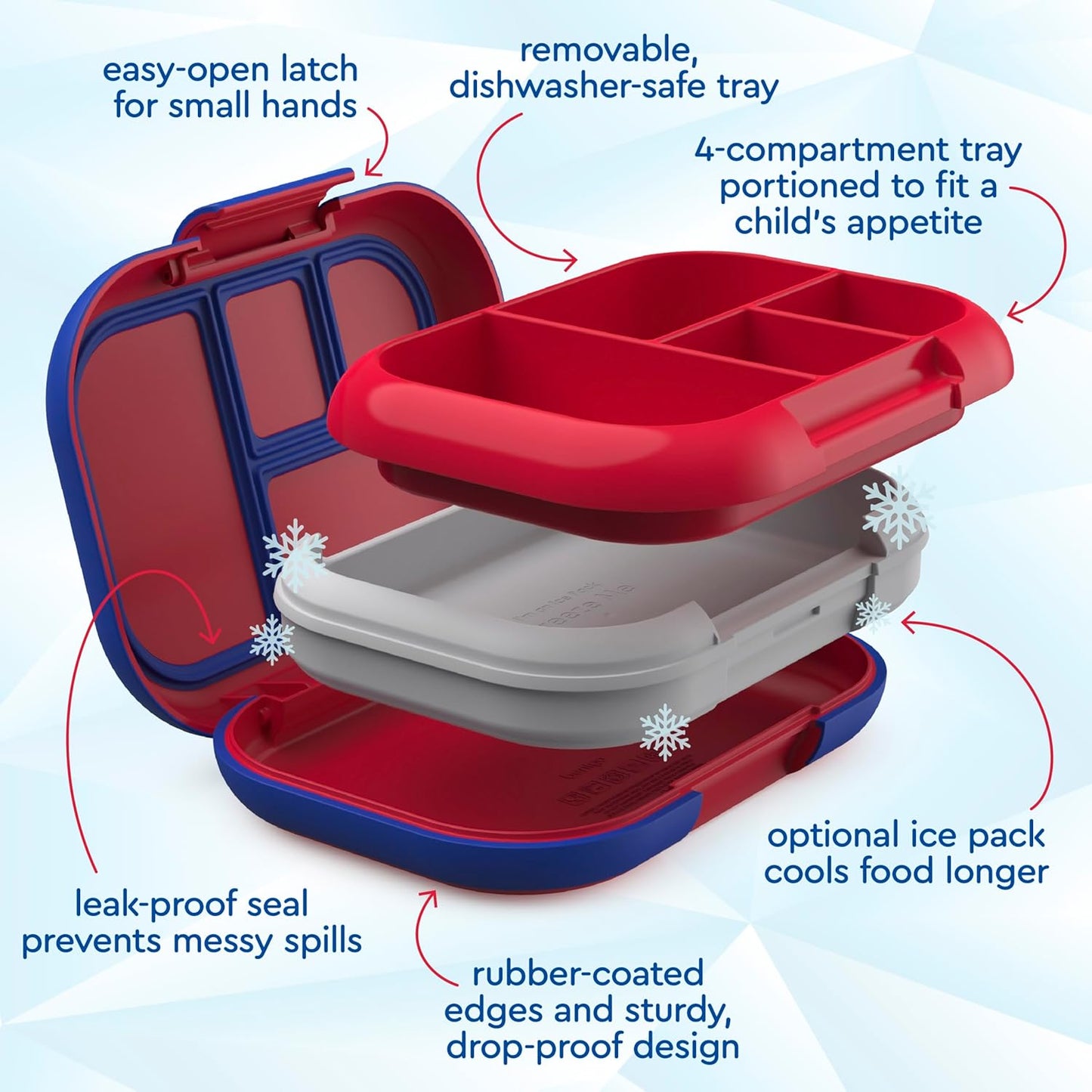 Bentgo Chill Kids Leak-Proof Lunch Box - 4-Compartment Bento Box with Built-In Ice Pack, 3.3 Cup Capacity, PFAS & BPA-Free, Microwave & Dishwasher Safe, Ideal Size for Ages 3 to 7 (Truly Teal)