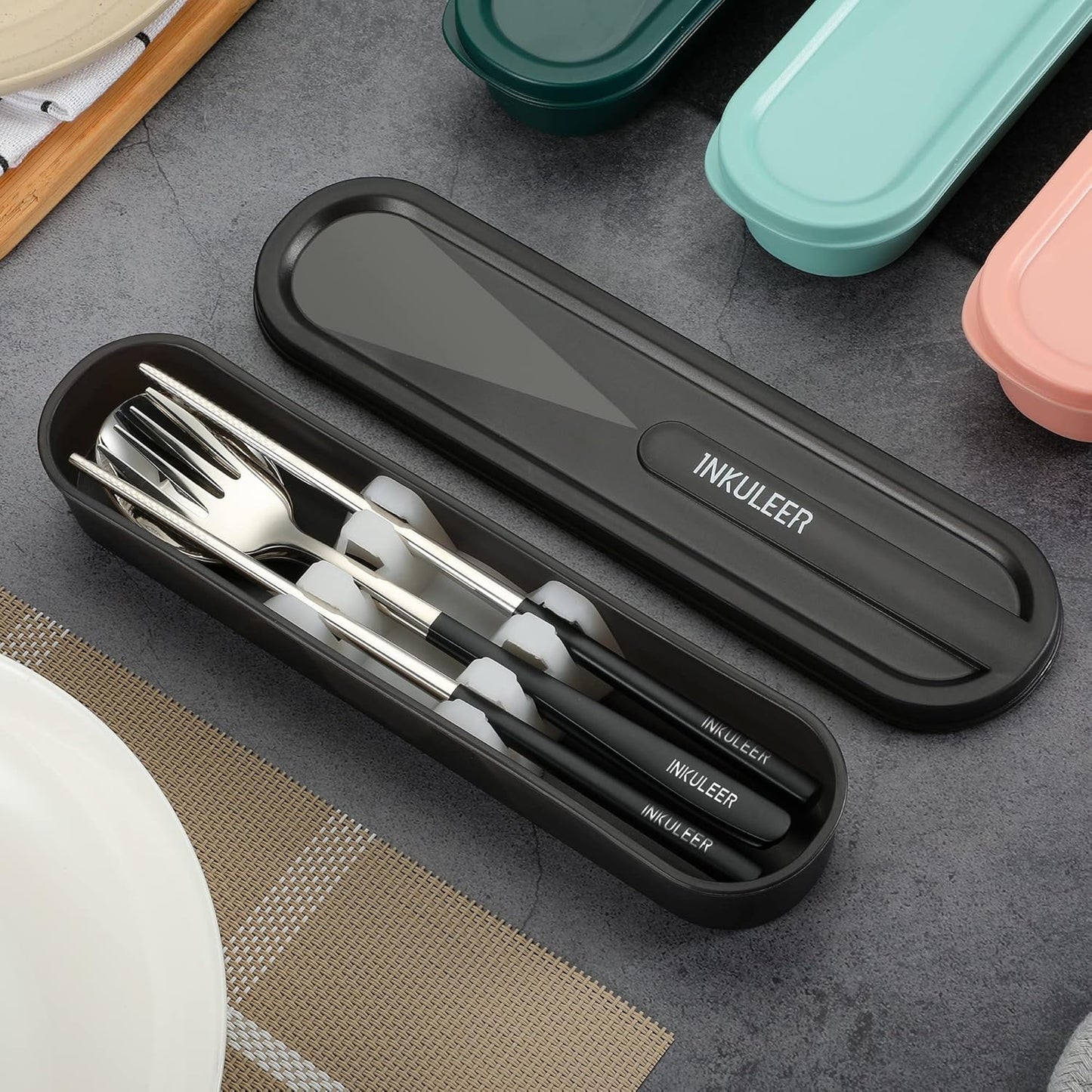 iNKULEER Travel cutlery set, 18/8 stainless steel cutlery, Reusable utensils set with case, Portable Silverware Lunch Box for Camping and Office (Pink)