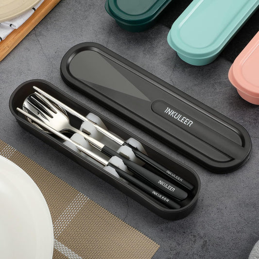 iNKULEER Travel cutlery set, 18/8 stainless steel cutlery, Reusable utensils set with case, Portable Silverware Lunch Box for Camping and Office (Pink)