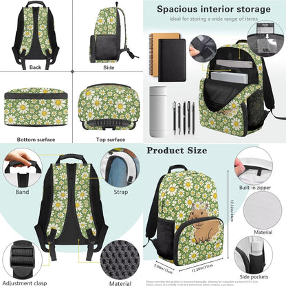 Cute Capybara Pizza Backpack for Girls, 5 Pcs Boys School Bag Set for Kids, 17 Inch Backpacks Lunch Pencil Box Reusable Utensils Case Set for Middle Elementary School, 3rd Grade Backpack