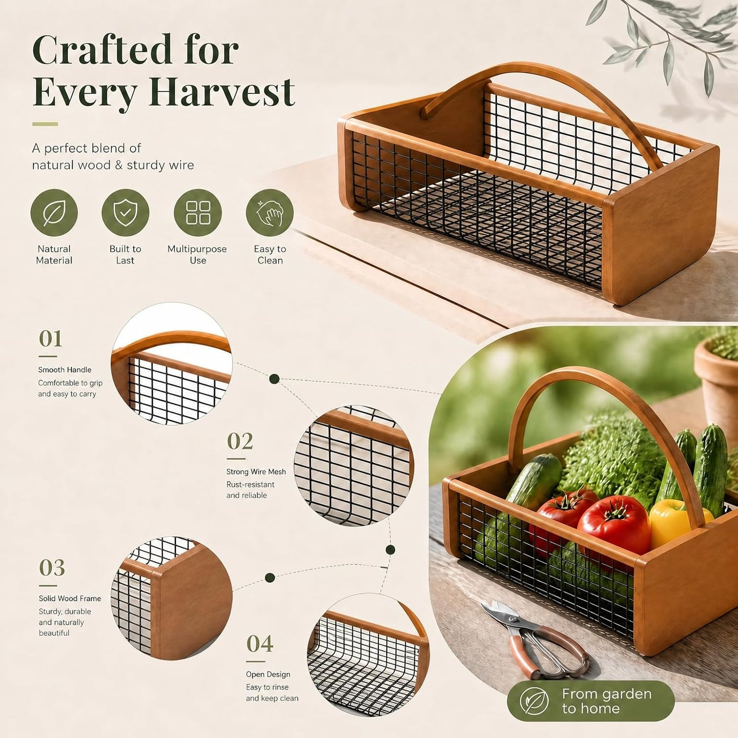 Garden Harvest Basket for Gathering Vegetables, Fruits & Flowers – Durable Wooden Hod with Rotating Handle, Coated Wire Mesh Produce Caddy for Rinsing, Draining & Farmhouse Decor