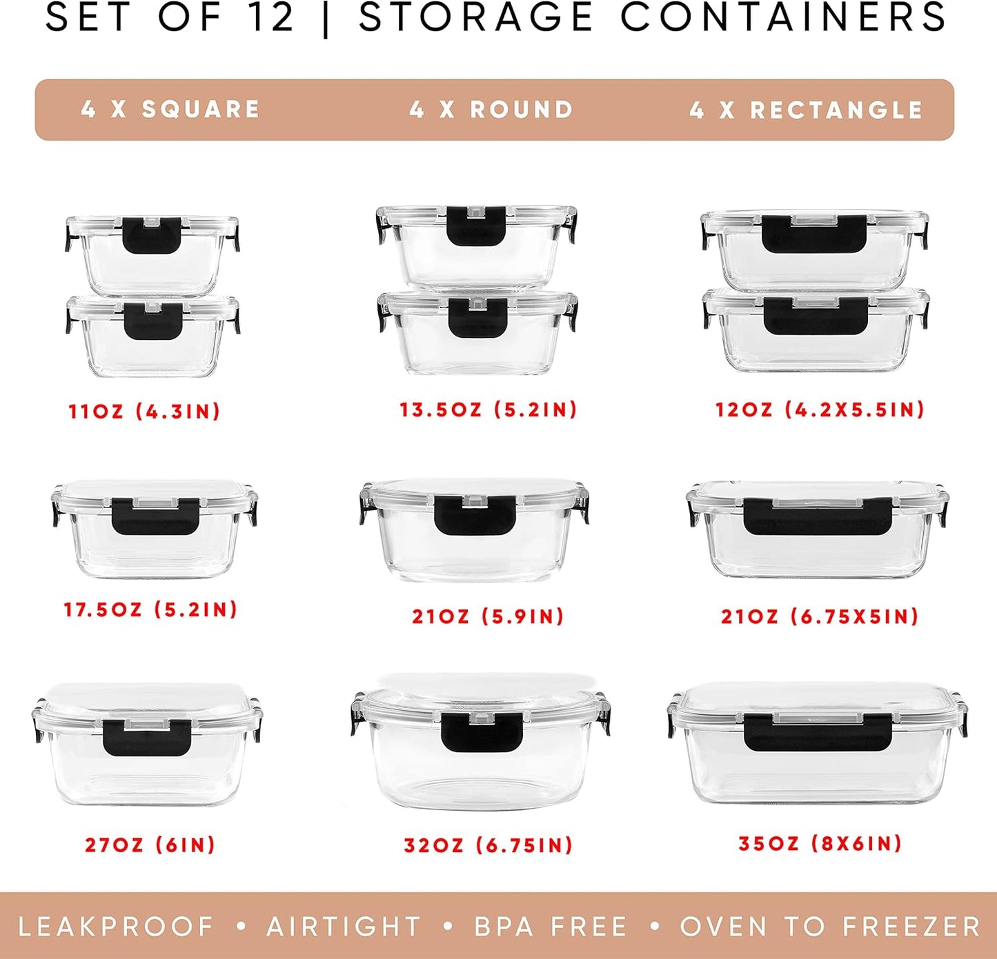 JoyJolt 24pc Borosilicate Glass Storage Containers with Lids | 12 Airtight/Freezer Safe Food Storage Containers for Pantry and Kitchen | Meal Prep Container for Lunch | Glass Tupperware Set