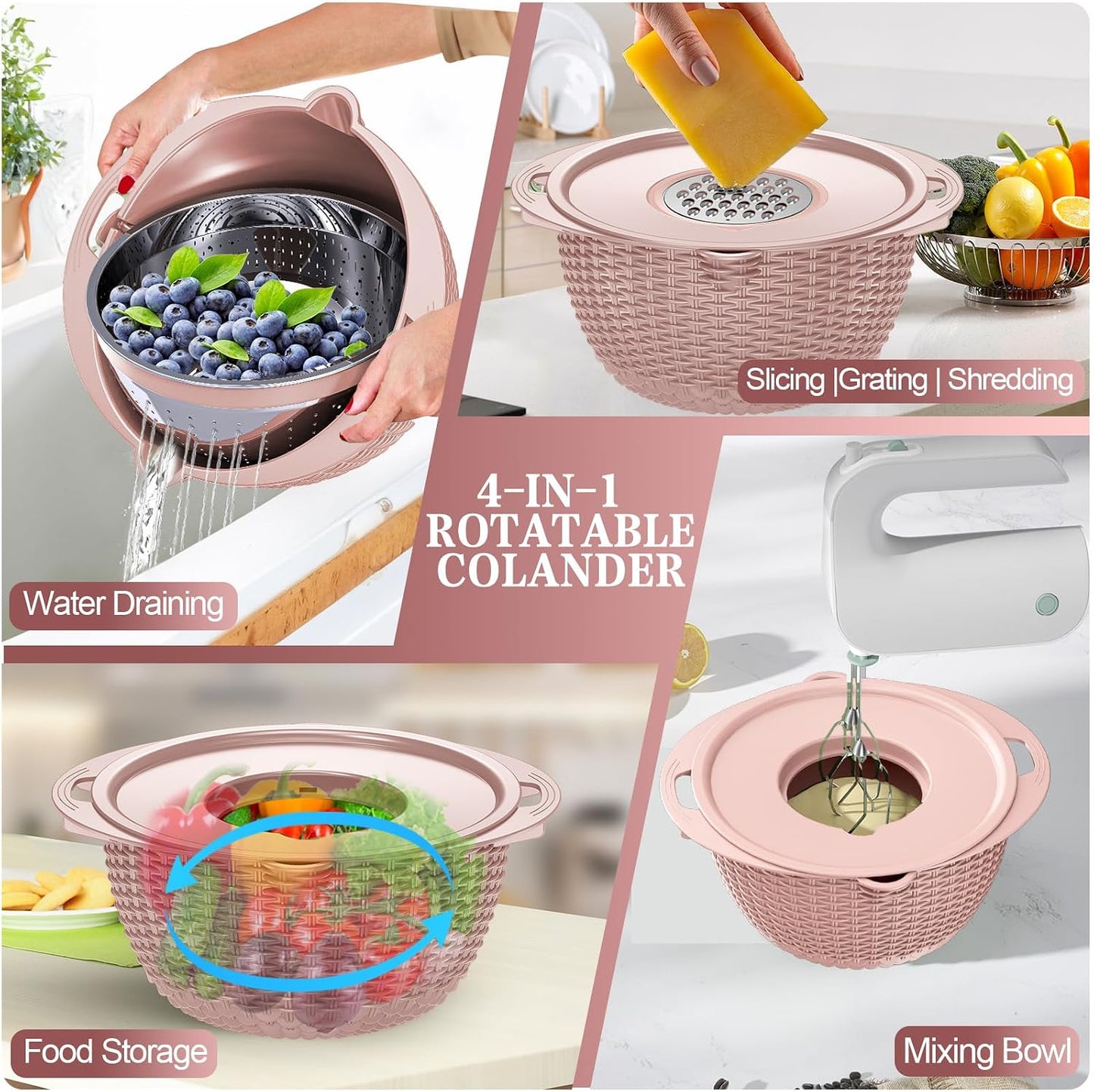 4-in-1 Colander with Bowl Set — Patented 360° Rotatable Strainer Bowl with 3 Graters, Snap-On Lid & Non-Slip Base, Funny Kitchen Present for Women, Aesthetic Pasta Fruit Vegetable Strainer (Beige)