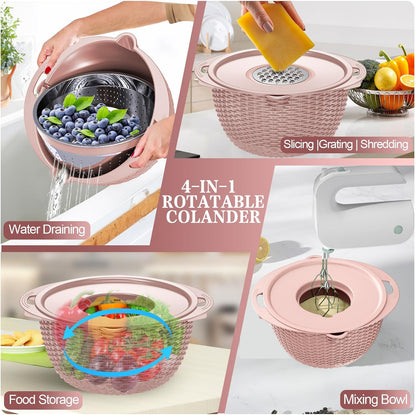 4-in-1 Colander with Bowl Set — Patented 360° Rotatable Strainer Bowl with 3 Graters, Snap-On Lid & Non-Slip Base, Funny Kitchen Present for Women, Aesthetic Pasta Fruit Vegetable Strainer (Beige)