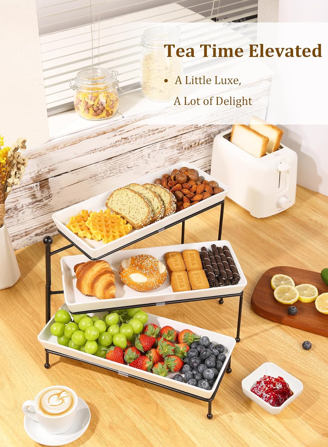Yedio 3 Tier Serving Trays for Party, Porcelain Serving Platters and Trays, 12 Inch Tiered Tray Stand, Fruit Tray, Trays for Serving Food, White Dessert Stand with Collapsible Sturdier Metal Rack